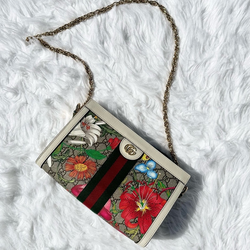Gucci Ophidia Chain Shoulder Bag Flora GG Coated Canvas Small